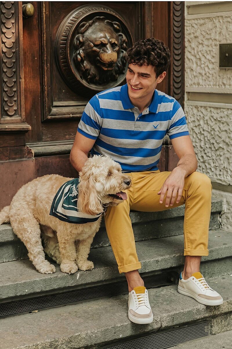 Gri - Sax %100 Pamuk Çizgili Polo Tişört