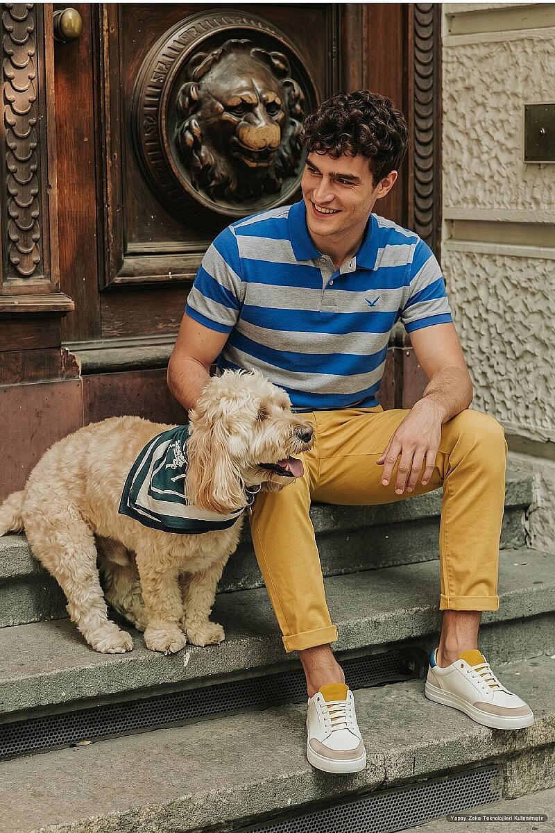 Gri - Sax %100 Pamuk Çizgili Polo Tişört