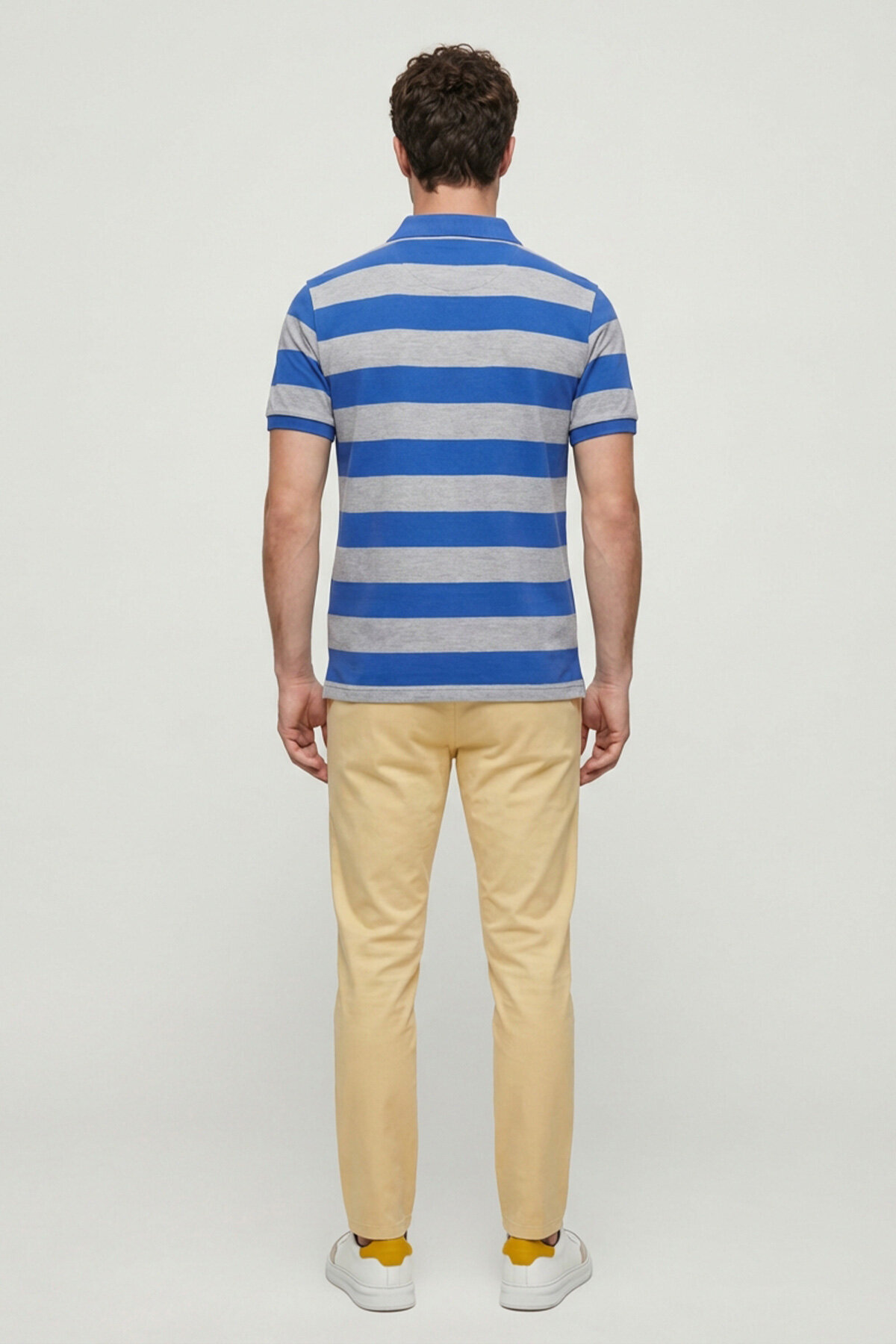Gri - Sax %100 Pamuk Çizgili Polo Tişört - 6