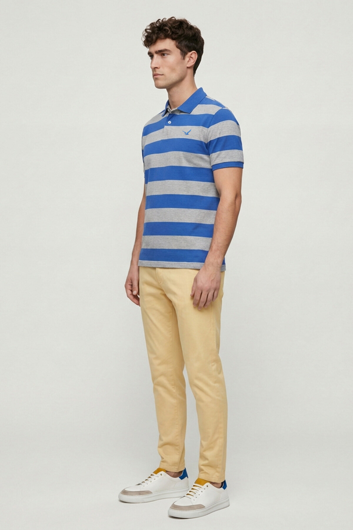 Gri - Sax %100 Pamuk Çizgili Polo Tişört - 4