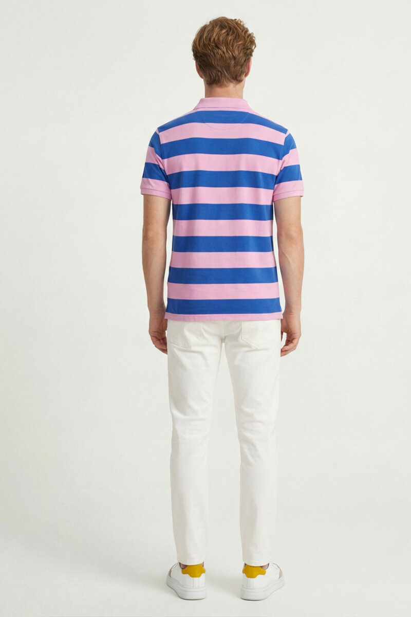 Sax - Pembe %100 Pamuk Çizgili Polo Tişört - 6