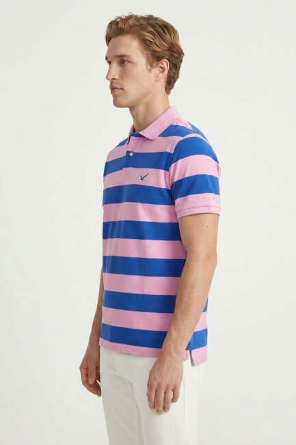 Sax - Pembe %100 Pamuk Çizgili Polo Tişört - 4