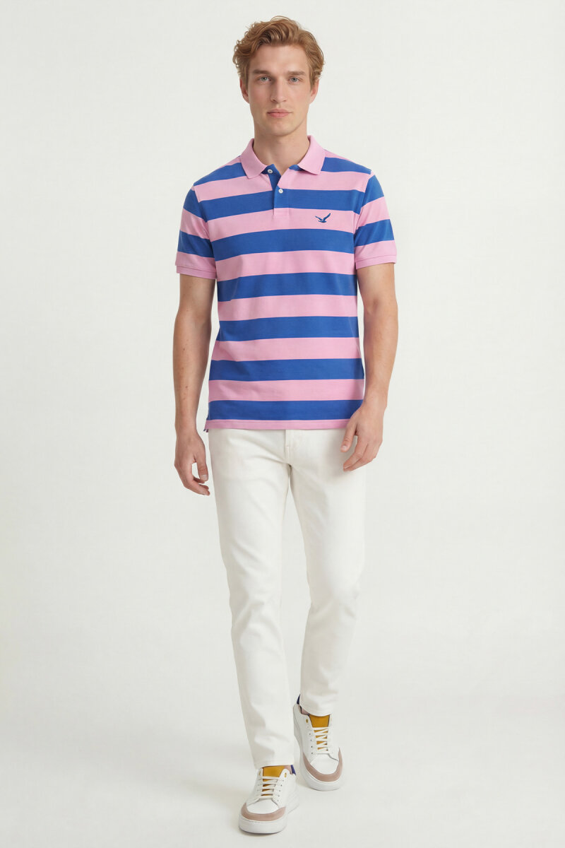 Sax - Pembe %100 Pamuk Çizgili Polo Tişört - 5