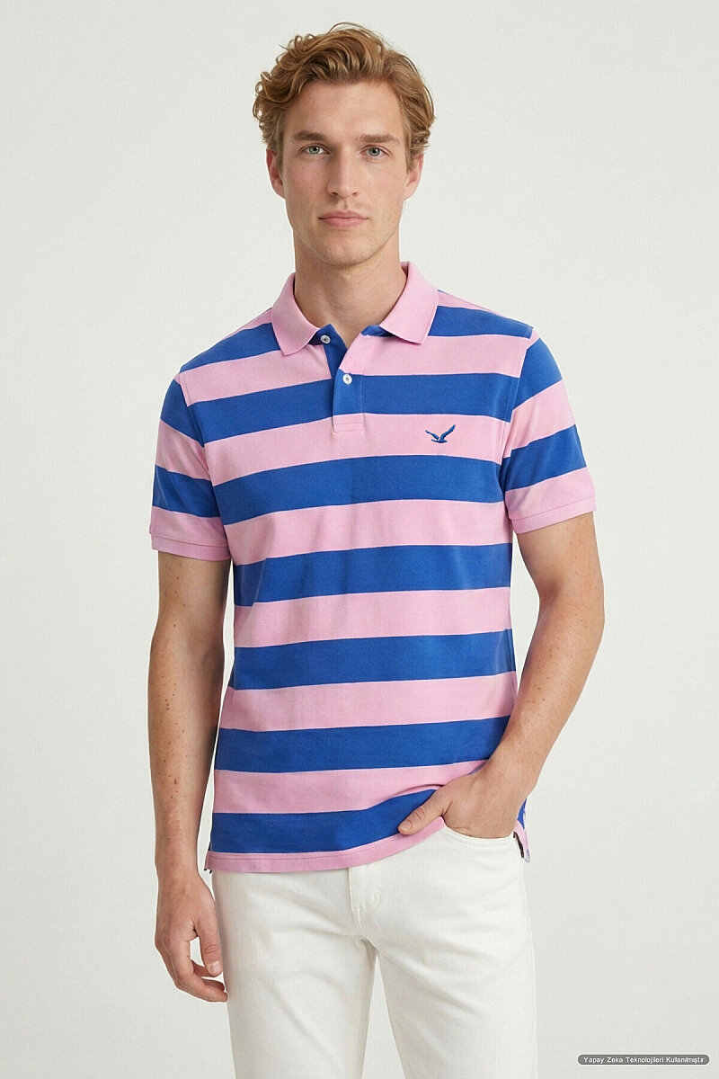 Sax - Pembe %100 Pamuk Çizgili Polo Tişört
