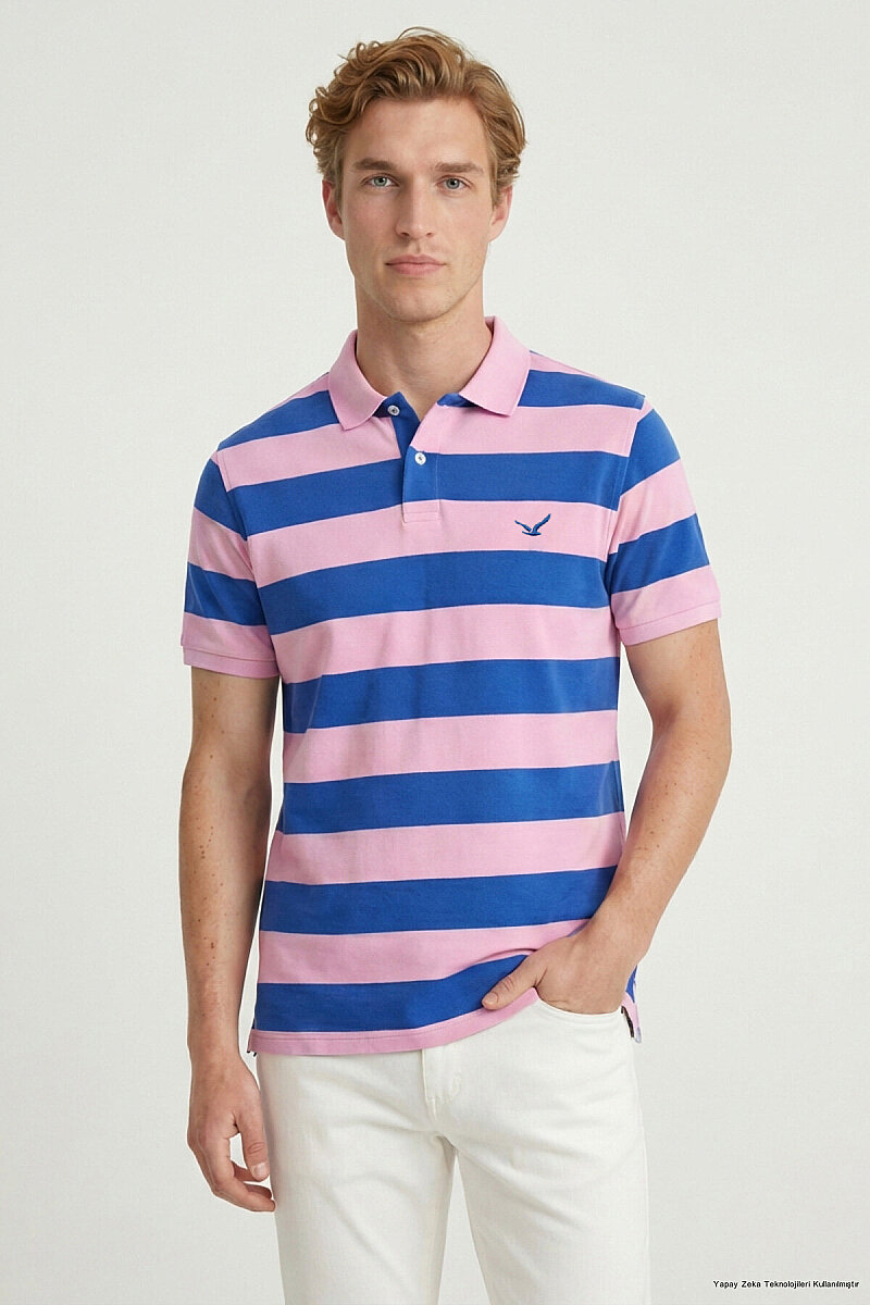 Sax - Pembe %100 Pamuk Çizgili Polo Tişört