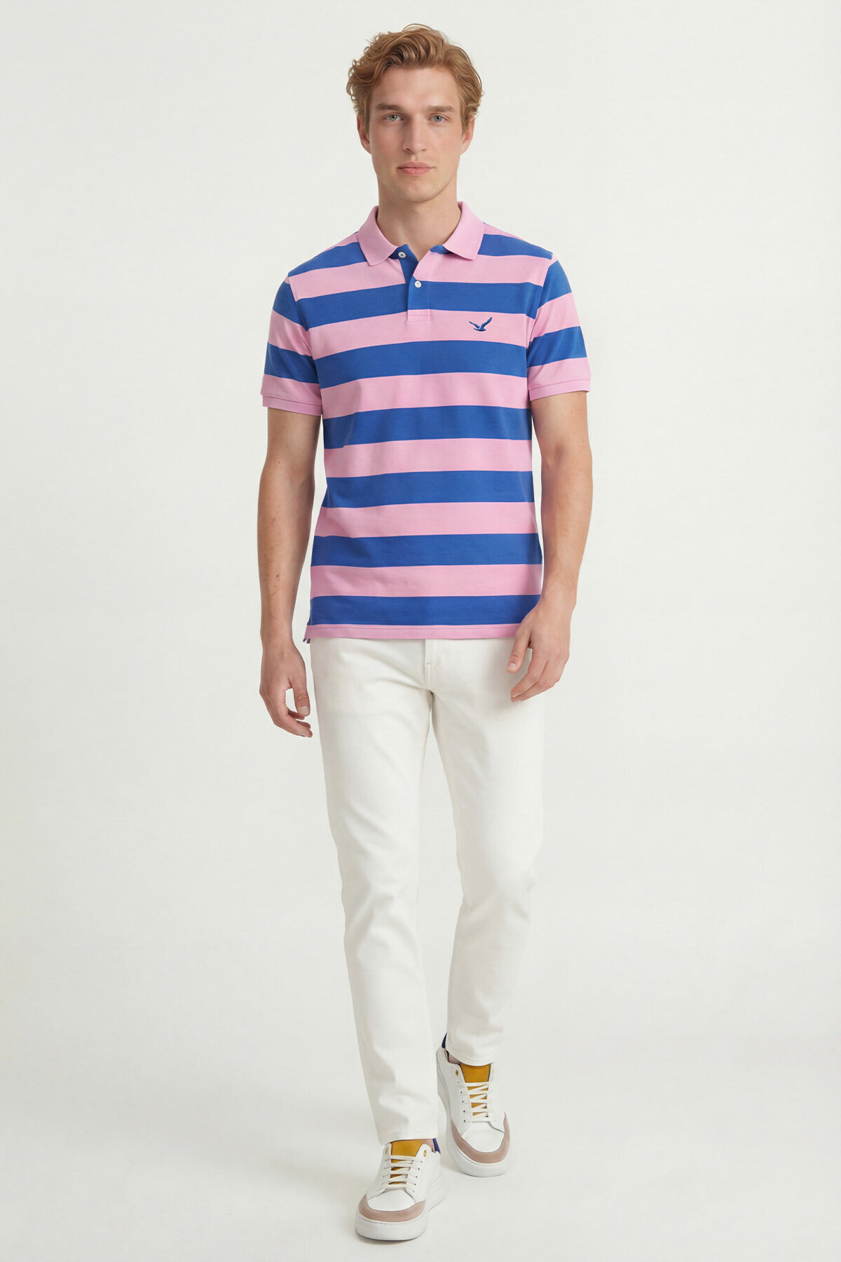 Sax - Pembe %100 Pamuk Çizgili Polo Tişört - 5