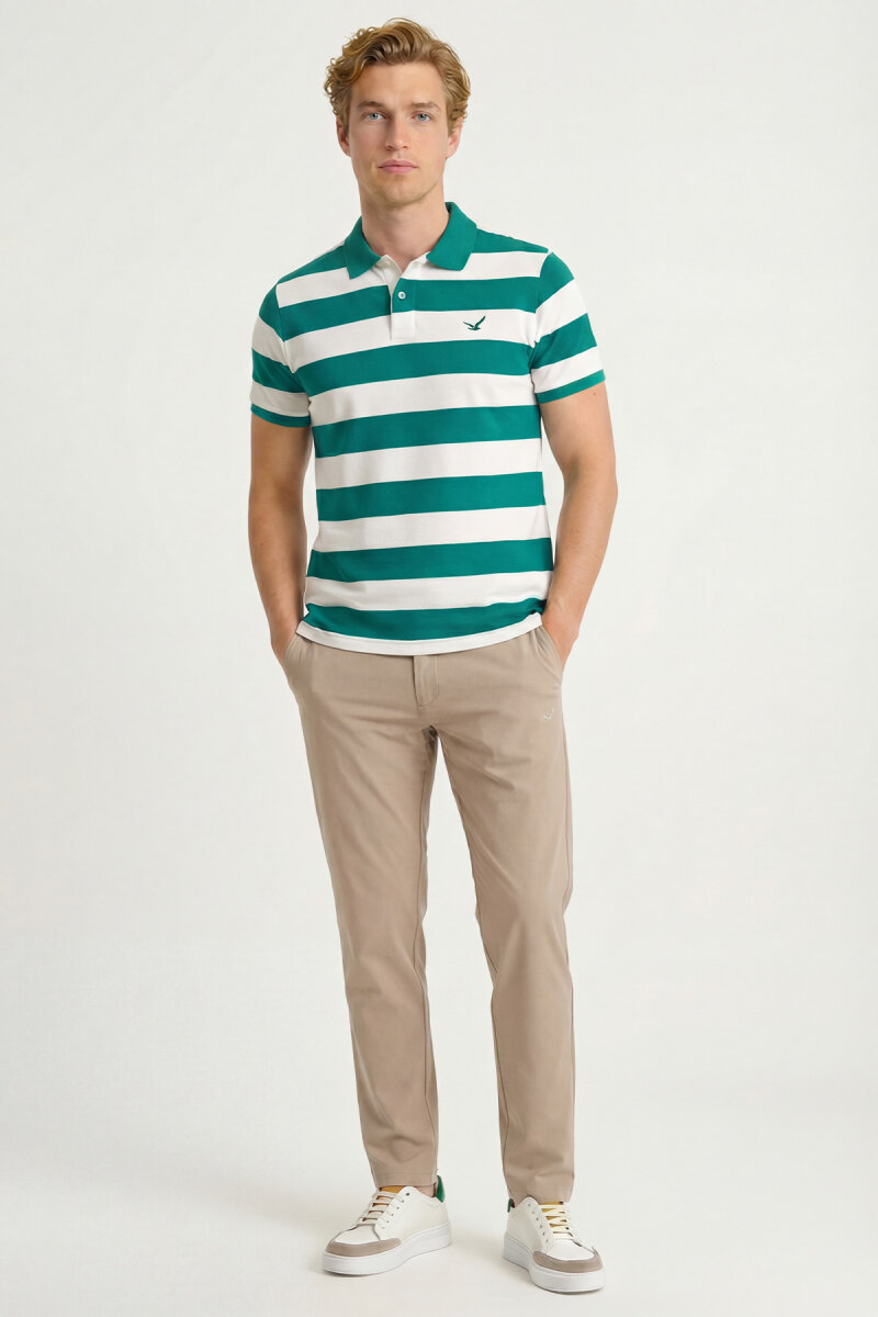 Yeşil - Beyaz %100 Pamuk Çizgili Polo Tişört (1)