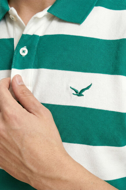 Yeşil - Beyaz %100 Pamuk Çizgili Polo Tişört - 3