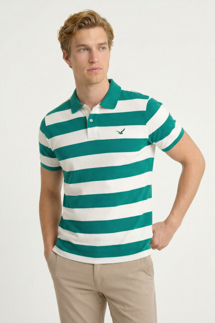 Yeşil - Beyaz %100 Pamuk Çizgili Polo Tişört - 4
