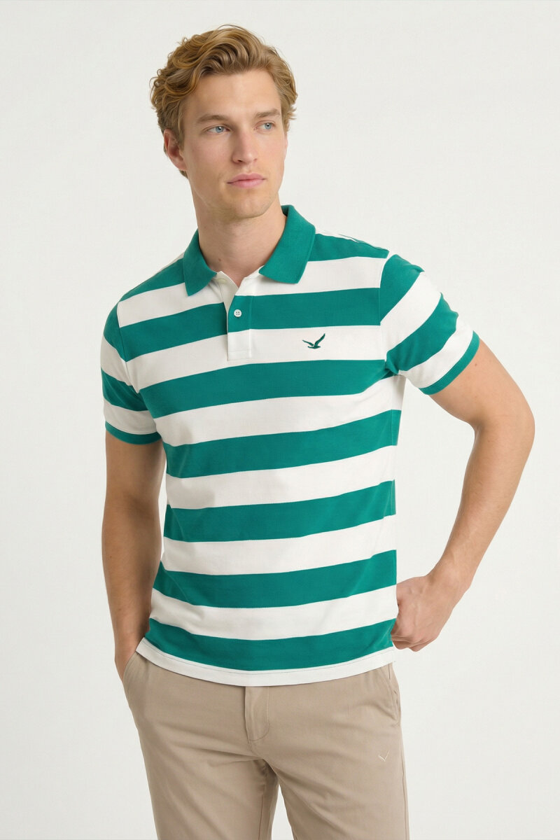Yeşil - Beyaz %100 Pamuk Çizgili Polo Tişört - 4