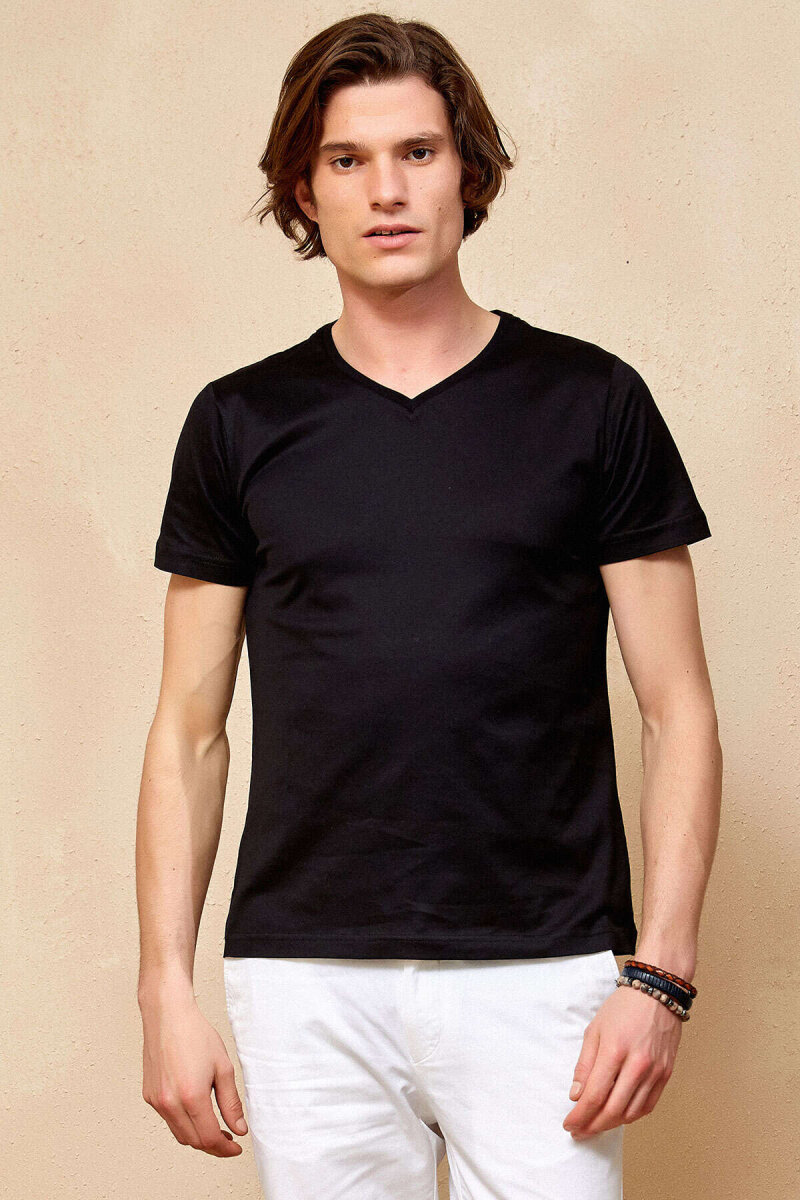 Black 100% Cotton V-Neck Basic T-Shirt
