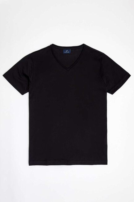 Black 100% Cotton V-Neck Basic T-Shirt - 2