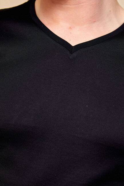 Black 100% Cotton V-Neck Basic T-Shirt - 4