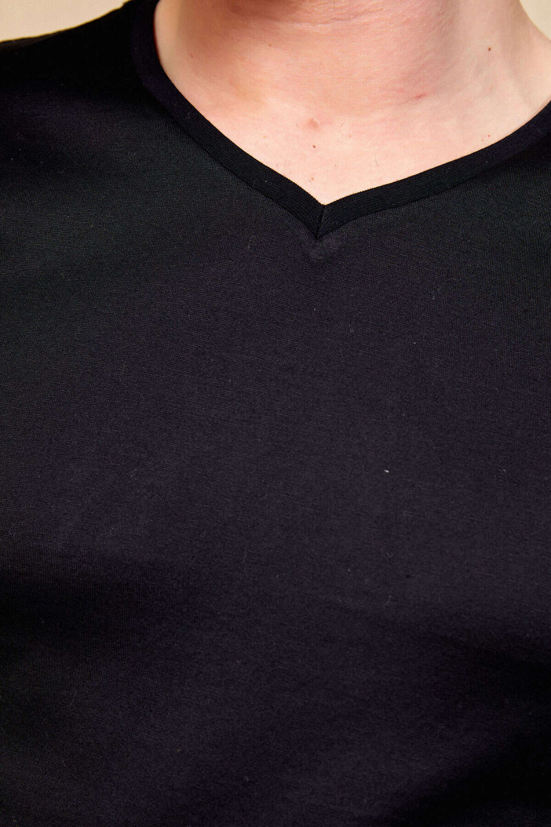 Black 100% Cotton V-Neck Basic T-Shirt - 4
