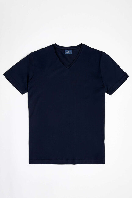 Navy Blue 100% Cotton V-Neck Basic T-Shirt - 2