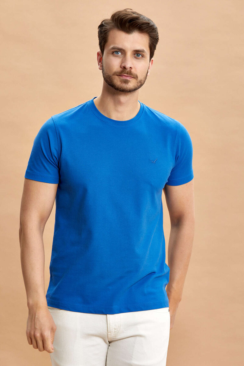 Mavi Pamuklu Bisiklet Yaka Logolu Tişört