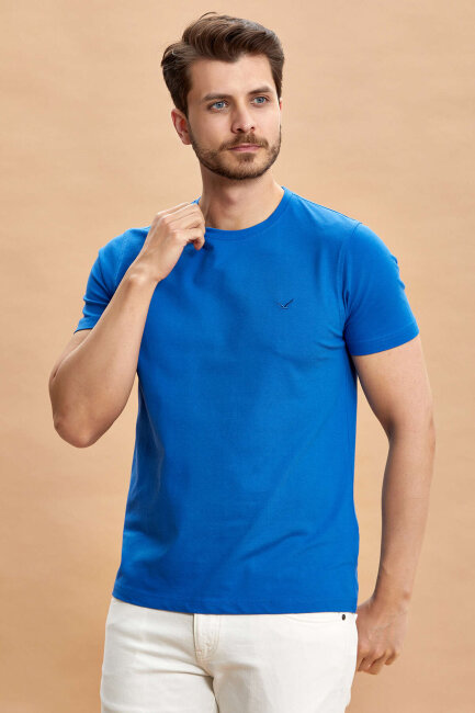 Mavi Pamuklu Bisiklet Yaka Logolu Tişört - 2