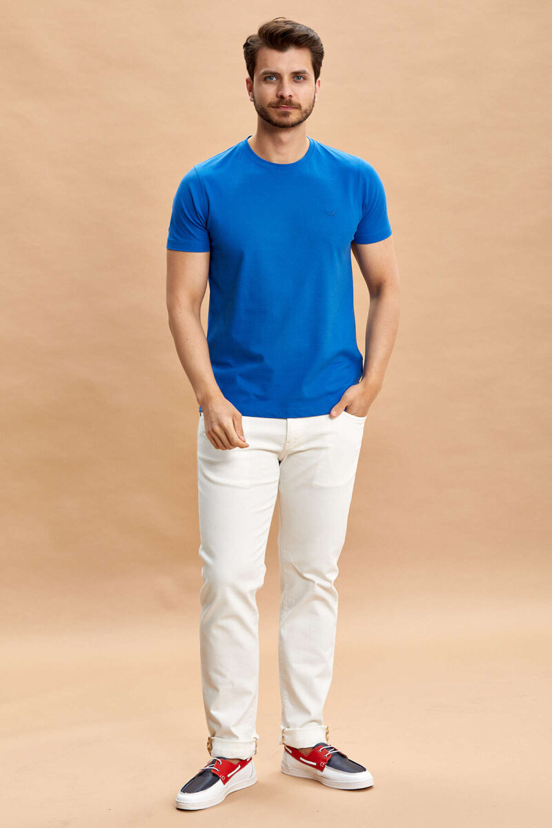 Mavi Pamuklu Bisiklet Yaka Logolu Tişört - 3