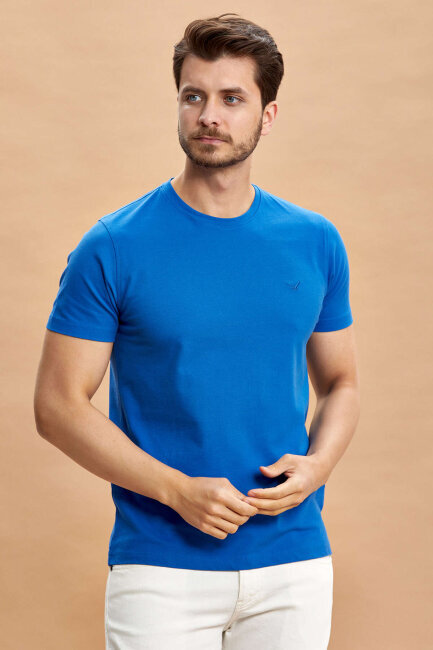 Mavi Pamuklu Bisiklet Yaka Logolu Tişört - 4