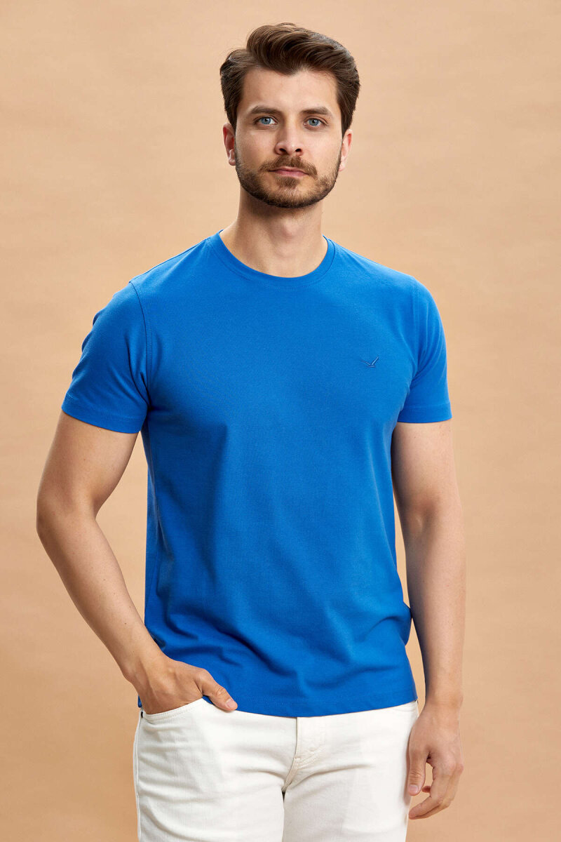 Mavi Pamuklu Bisiklet Yaka Logolu Tişört - 5