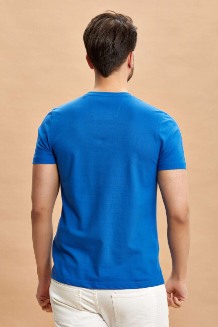 Mavi Pamuklu Bisiklet Yaka Logolu Tişört - 6