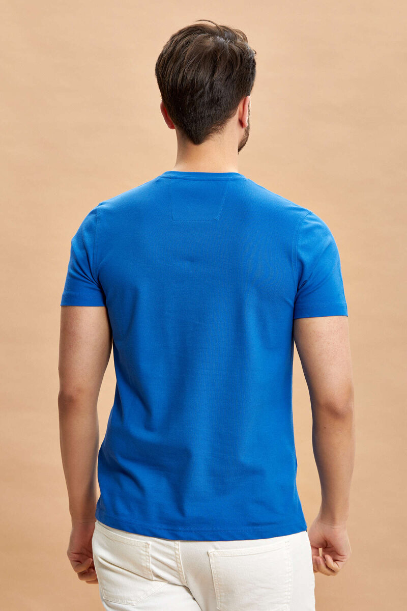 Mavi Pamuklu Bisiklet Yaka Logolu Tişört - 6