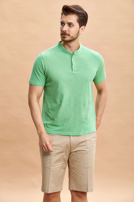 Green 100% Cotton Mandarin Collar T-shirt