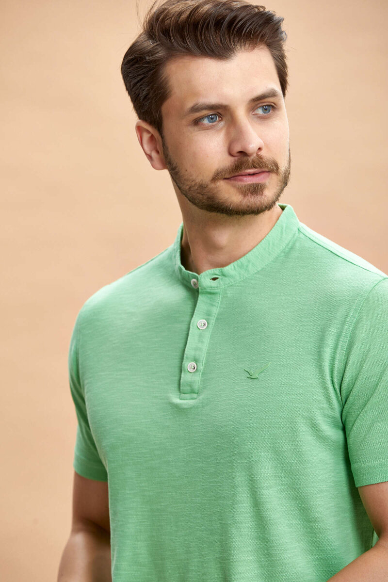 Green 100% Cotton Mandarin Collar T-shirt - 2