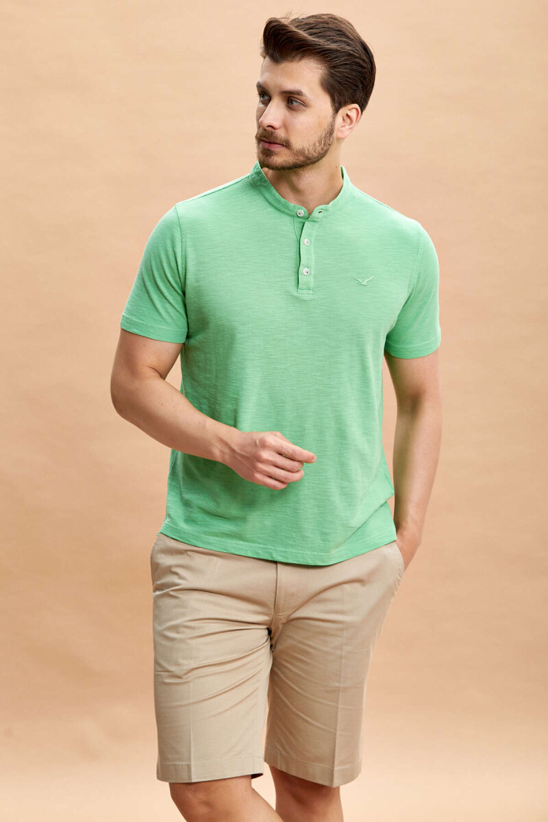 Green 100% Cotton Mandarin Collar T-shirt - 4