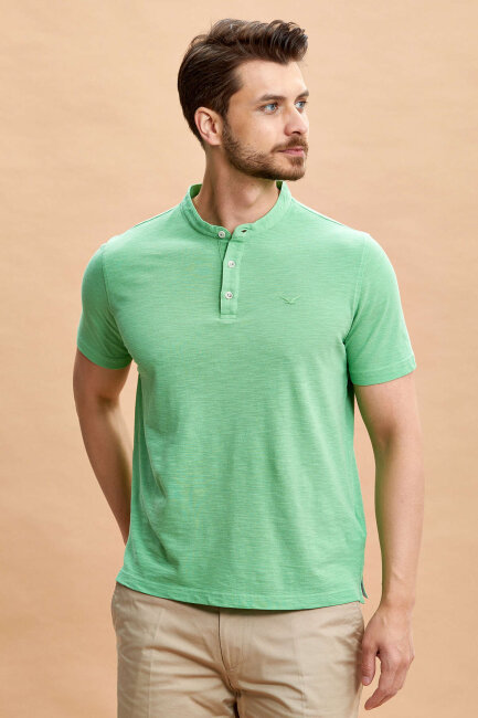 Green 100% Cotton Mandarin Collar T-shirt - 5