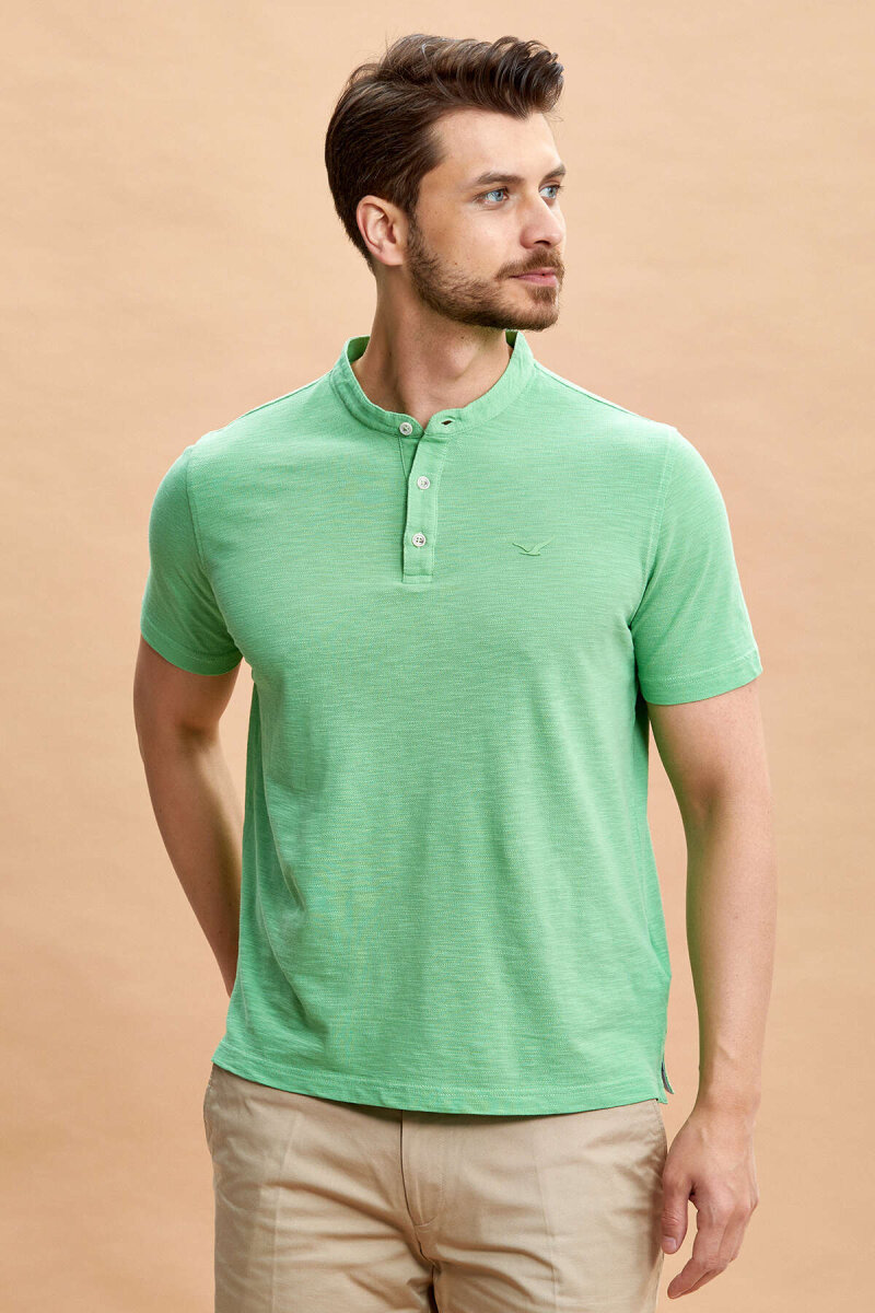 Green 100% Cotton Mandarin Collar T-shirt - 5