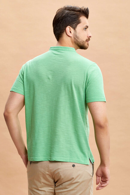 Green 100% Cotton Mandarin Collar T-shirt - 6