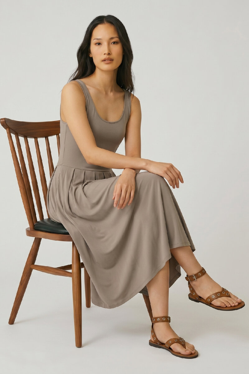 Bej Akışkan Form Midi Elbise - 5