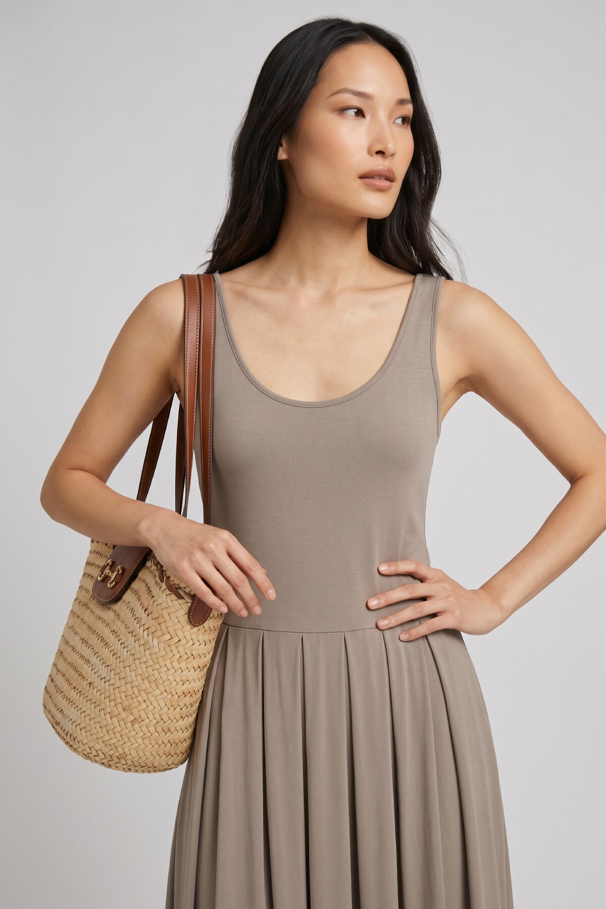 Bej Akışkan Form Midi Elbise - 4