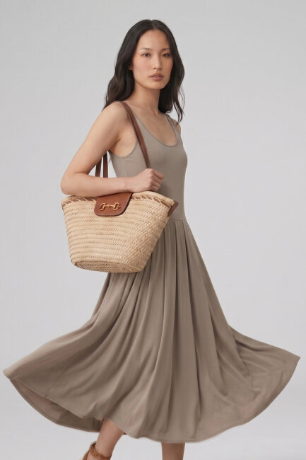 Bej Akışkan Form Midi Elbise