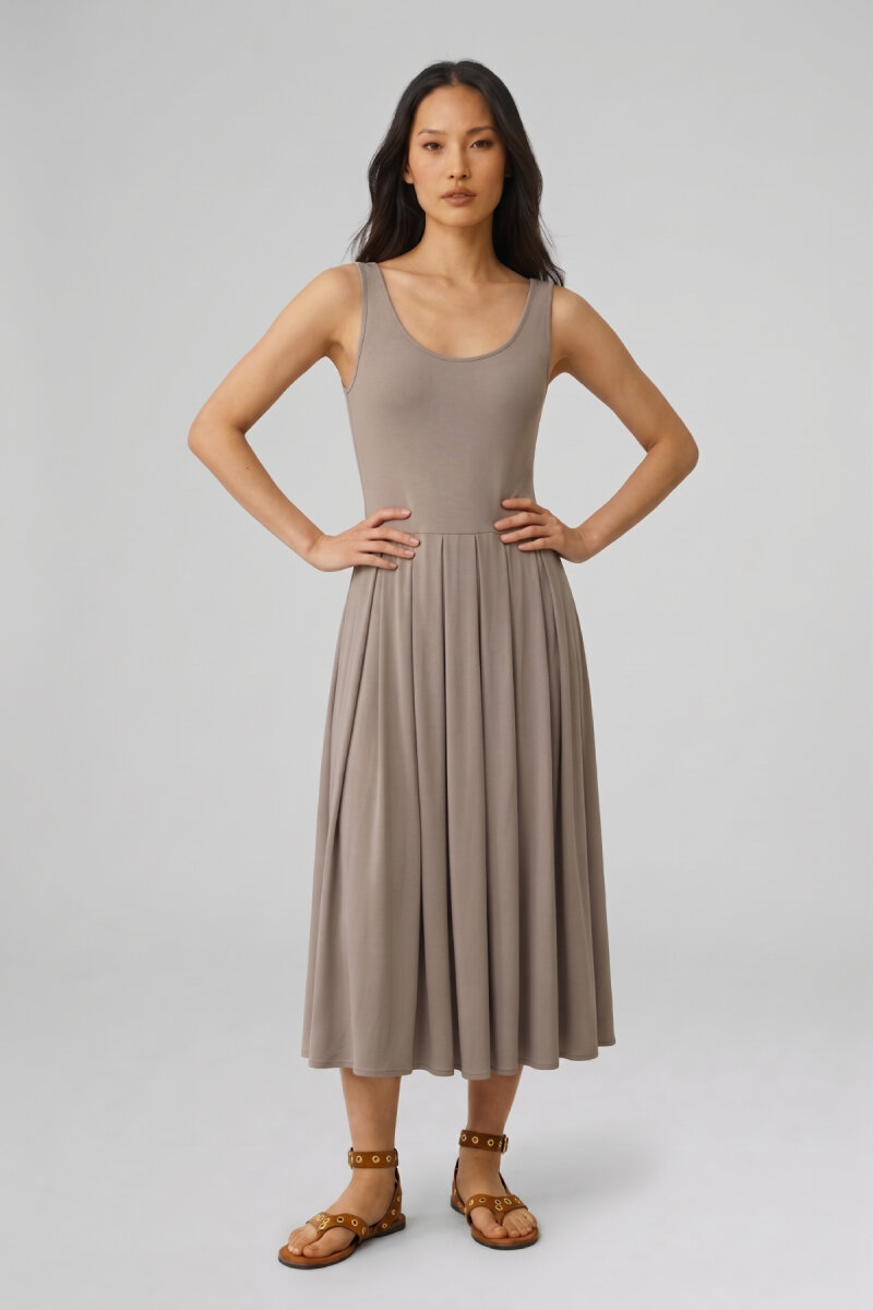 Bej Akışkan Form Midi Elbise - 2