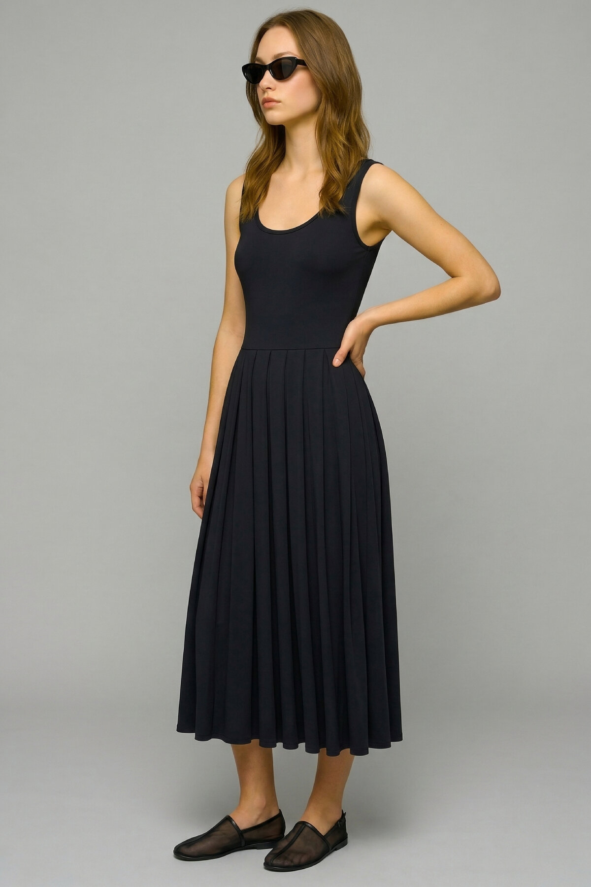 Lacivert Akışkan Form Midi Elbise - 3