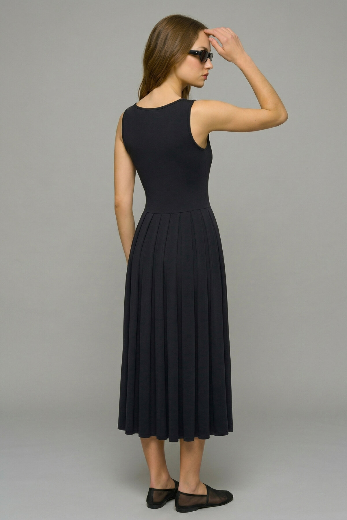 Lacivert Akışkan Form Midi Elbise - 5