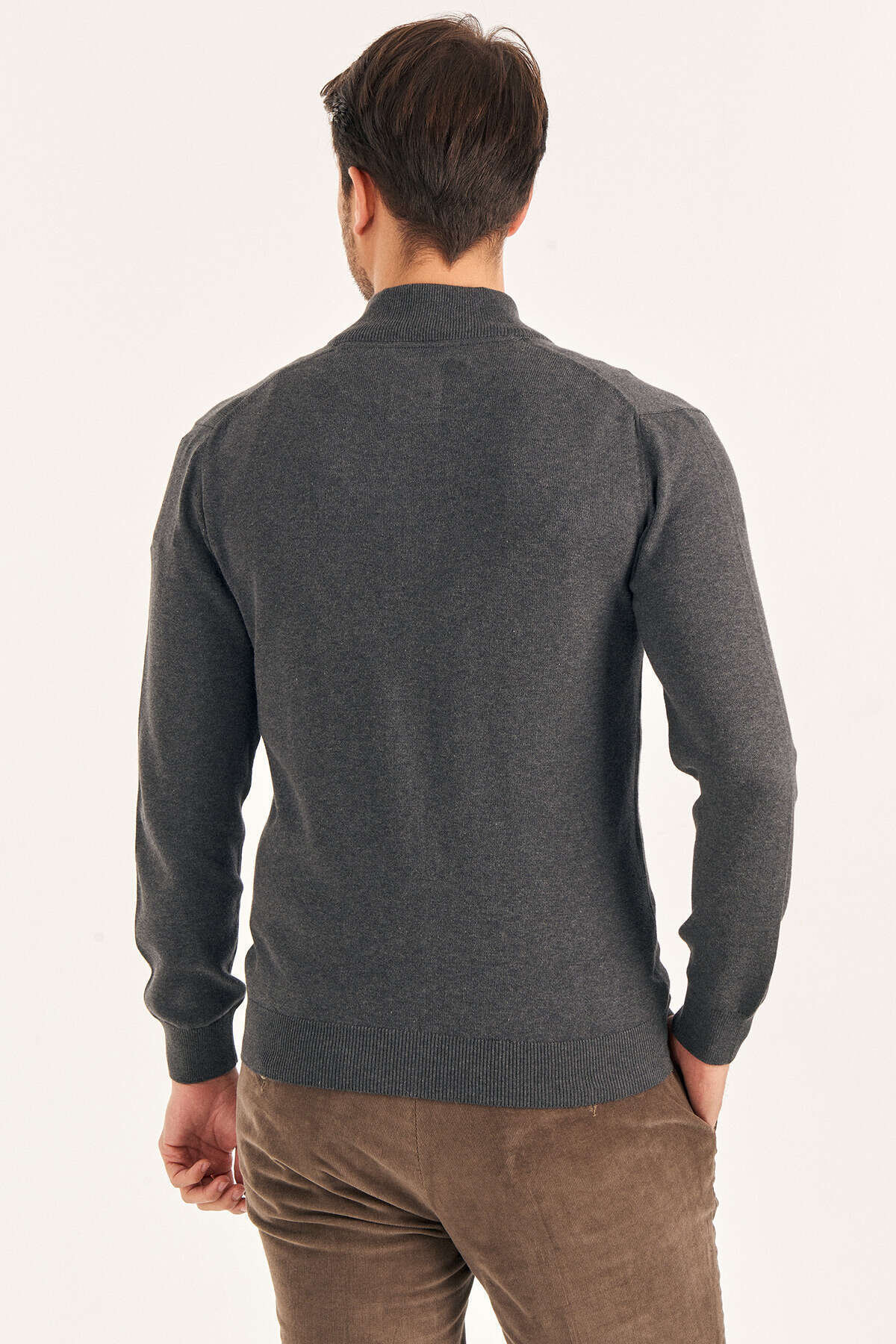 Koyu Gri %100 Pamuk Fermuarlı Triko Ceket - 5