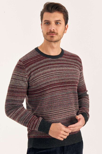 Burgundy Wool Crew Neck Striped Sweater - 2