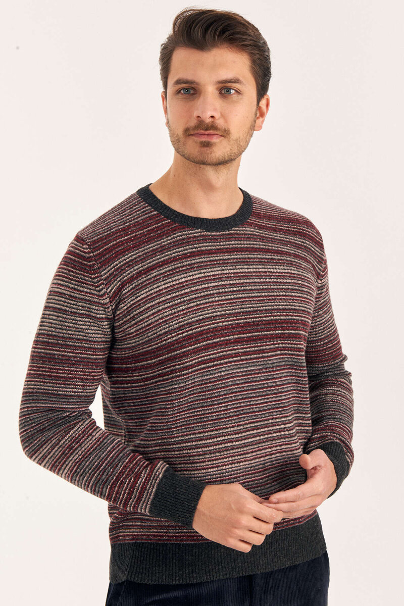 Burgundy Wool Crew Neck Striped Sweater - 2
