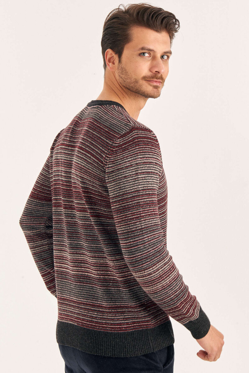 Burgundy Wool Crew Neck Striped Sweater - 4