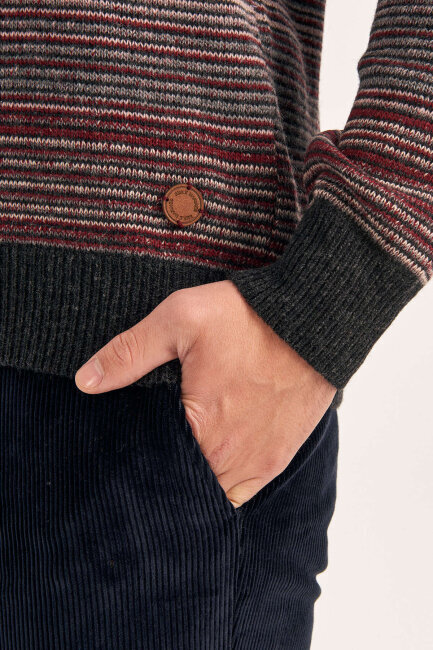 Burgundy Wool Crew Neck Striped Sweater - 5