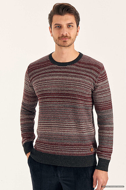 Burgundy Wool Crew Neck Striped Sweater 