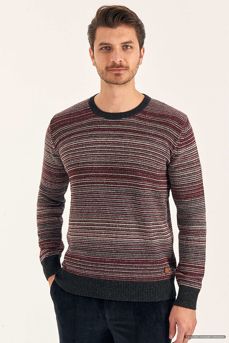 Burgundy Wool Crew Neck Striped Sweater (1)