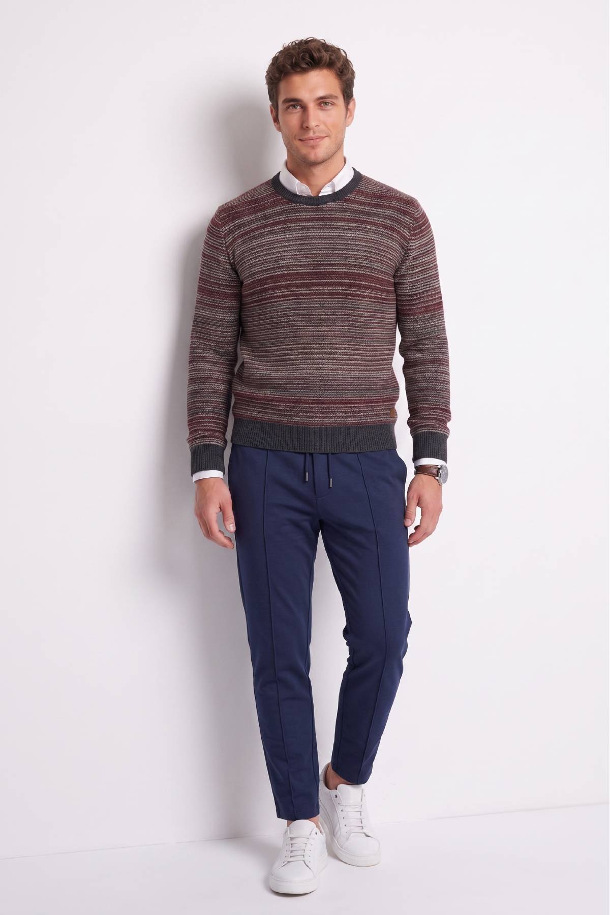 Burgundy Wool Crew Neck Striped Sweater - 3