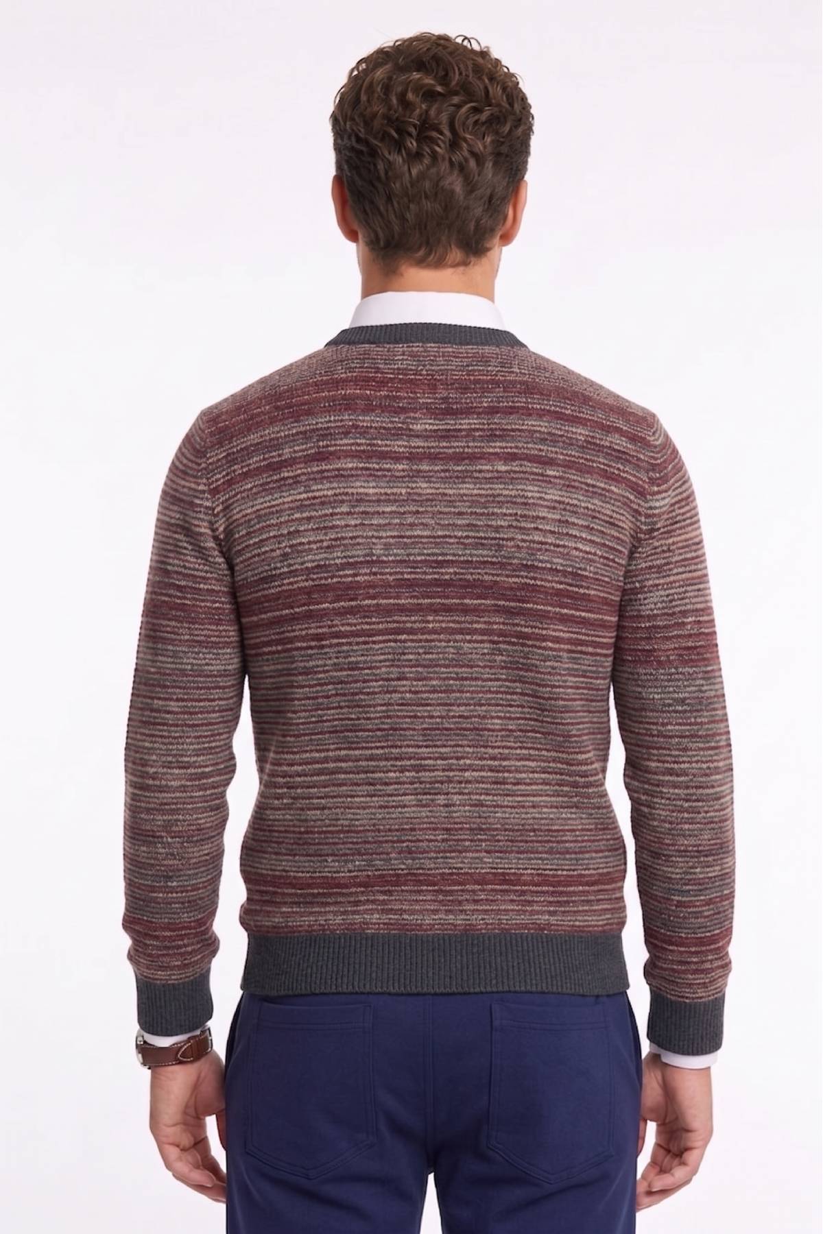 Burgundy Wool Crew Neck Striped Sweater - 4