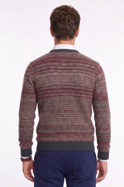 Burgundy Wool Crew Neck Striped Sweater - 4