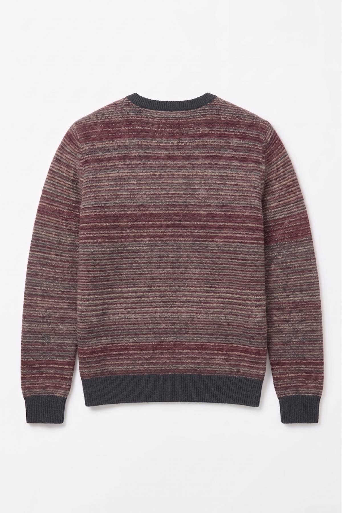 Burgundy Wool Crew Neck Striped Sweater - 5