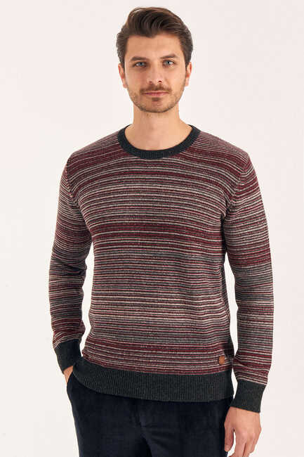 Burgundy Wool Crew Neck Striped Sweater 